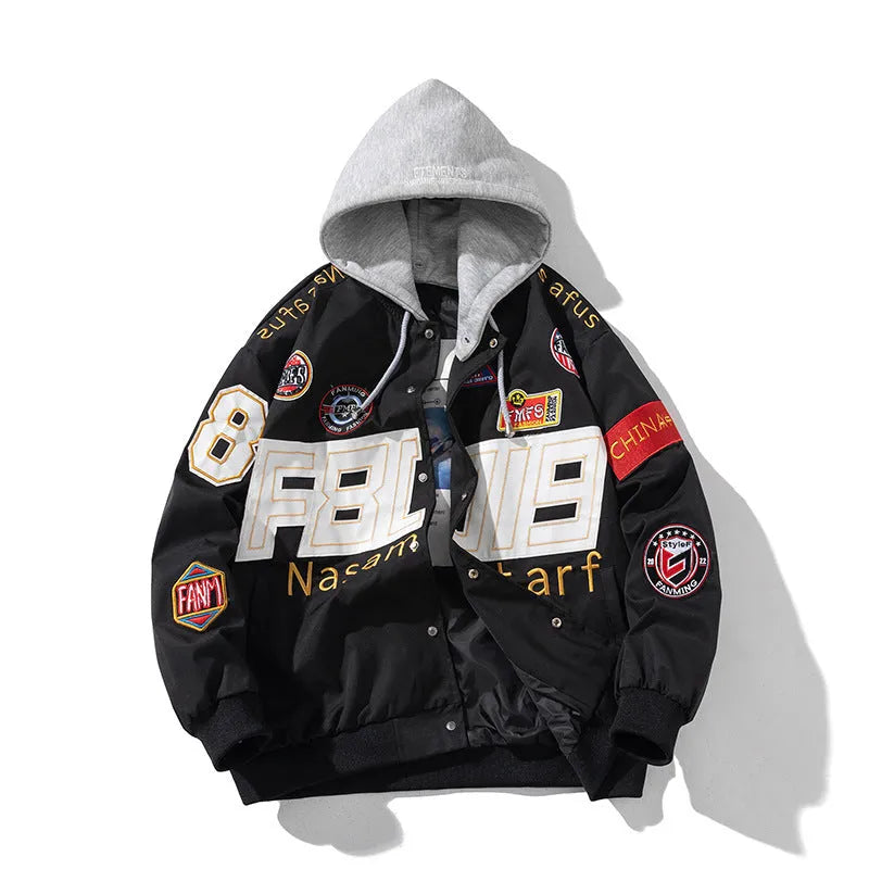 American motorcycle baseball uniform in black, blue, or red with removable hood and side pocket
