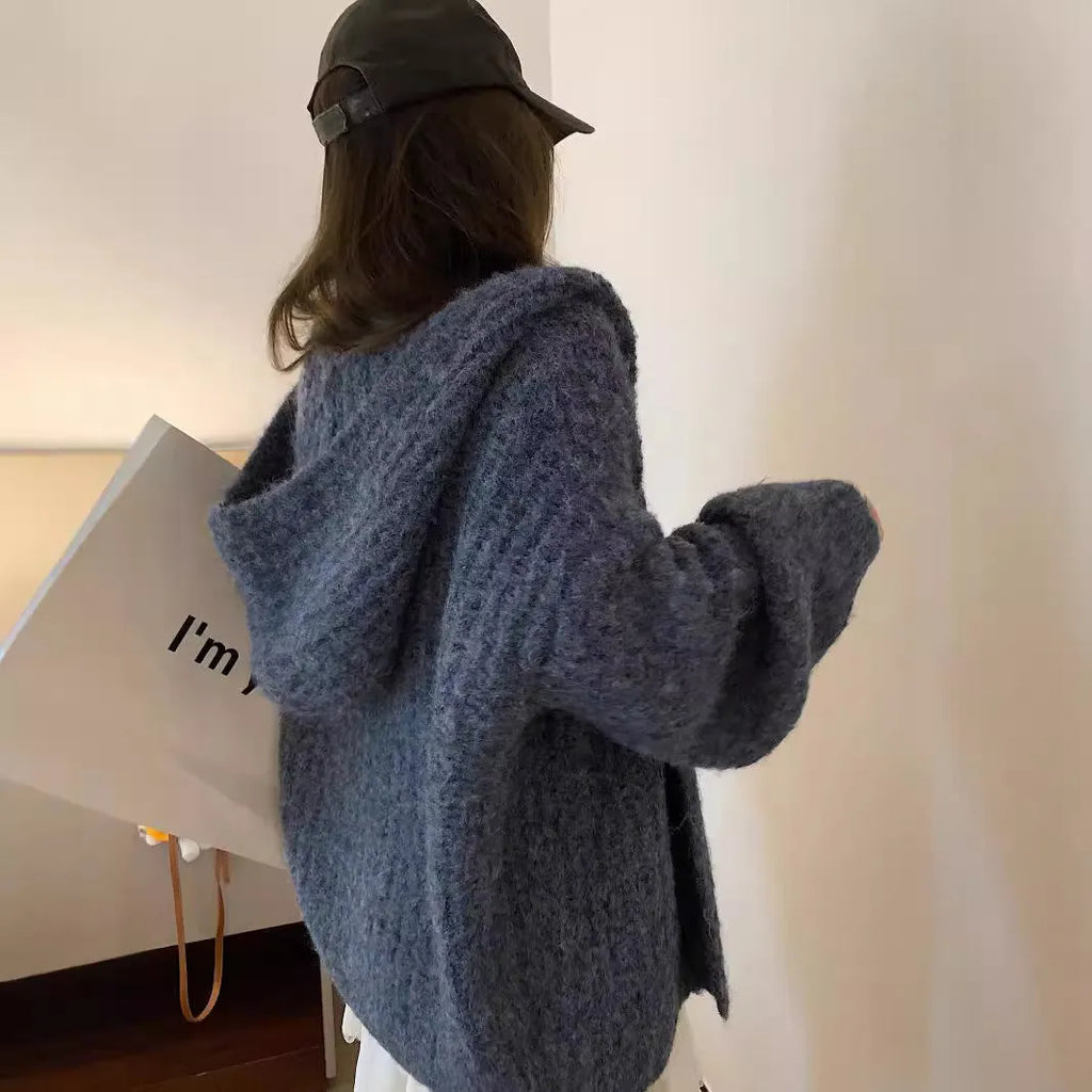 Women's retro Maillard style hooded cardigan sweater in loose fit, shown in dark grey.