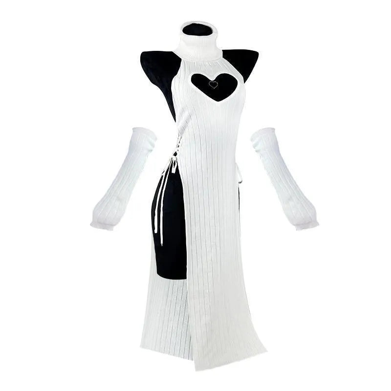 Women's Solid Colour Casual Versatile Heart-shaped High-neck Cheongsam Dress with Fleece Lining in Lycra Fabric - Available in Black, White, Pink, Brown, Blue, One Size and Plus Size for Four Seasons Wear