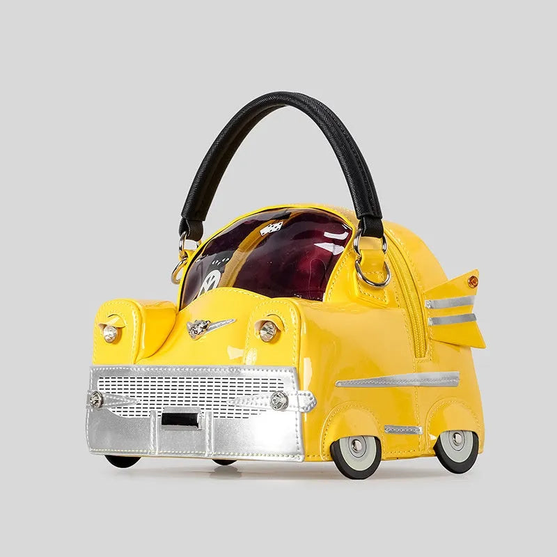 Creative cute car-shaped PU handbag in pink with contrast stitching and slit pocket