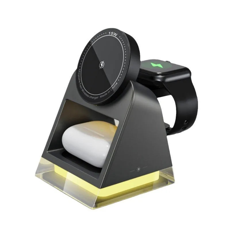 Three-in-one magnetic wireless charger with small night lamp in black, 118x104x78mm