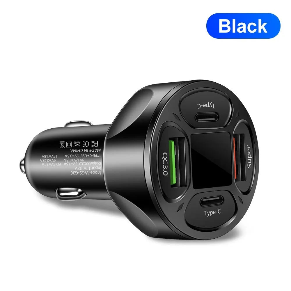 Black 66W car charger with digital display, two USB ports and two Type-C ports