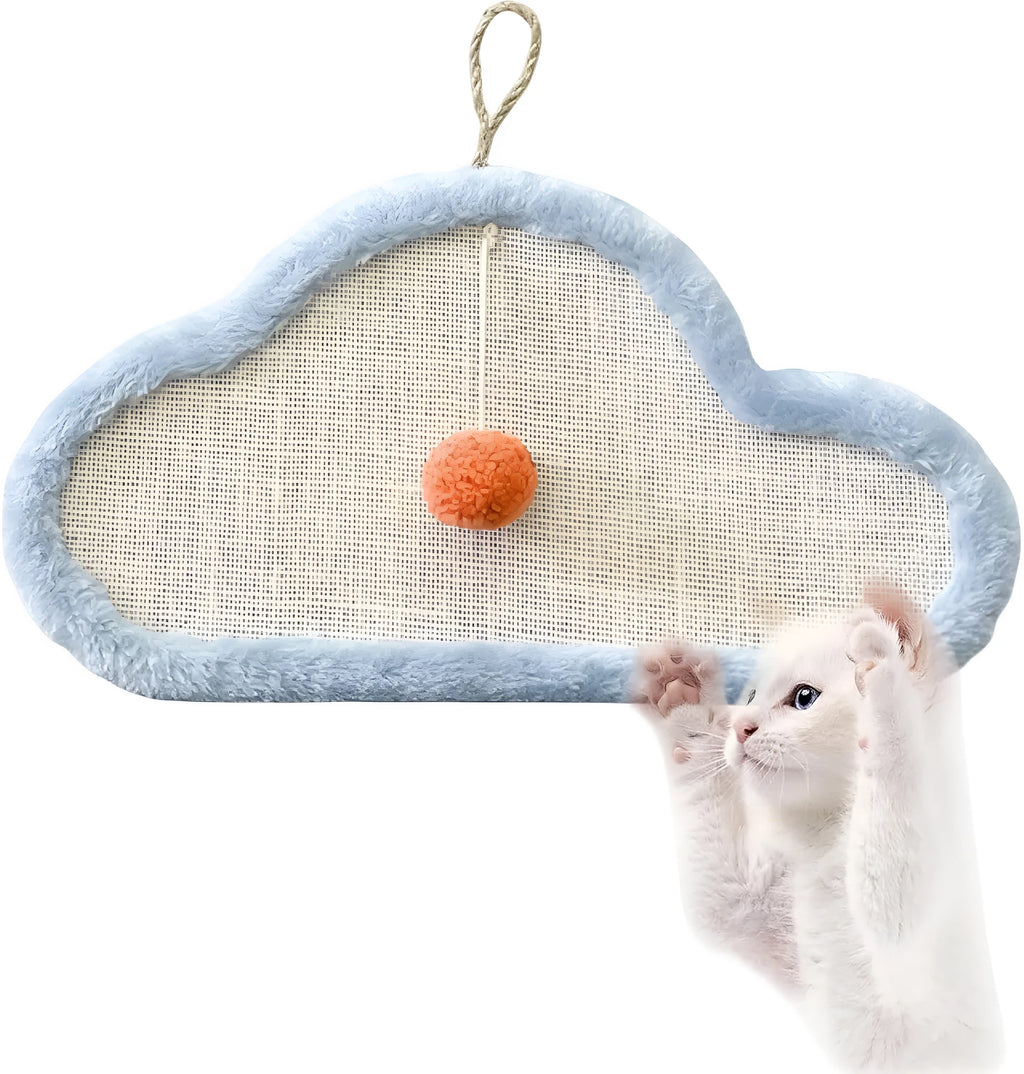 White natural sisal cat scratching mat with cartoon sleeping cat design