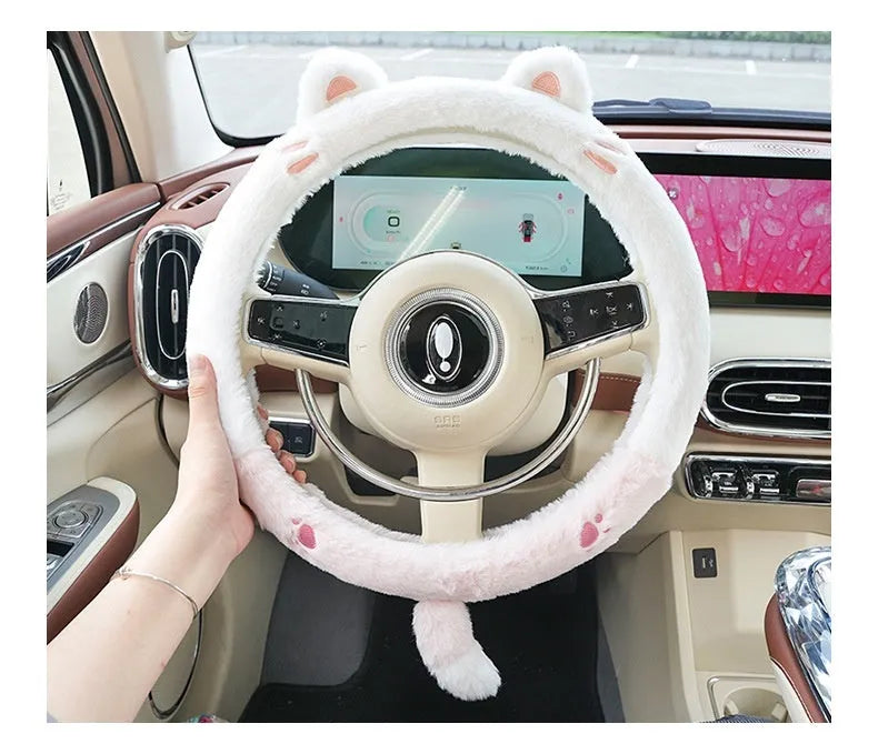 Plush rabbit fur-style steering wheel cover with embroidered cartoon animal design for winter use
