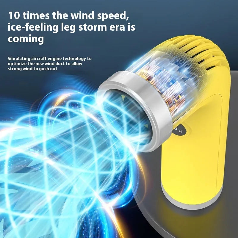Creative bladeless turbine desk fan in apricot colour with USB power cord.