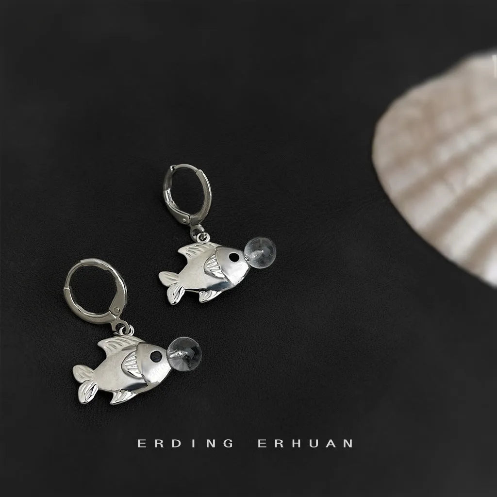 Fish earrings with bubble fish design and goldfish elements in electroplated copper