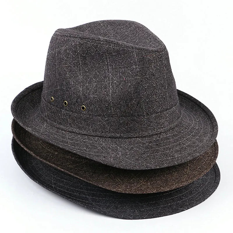 Classic thickened fedora hat for men in suit material, shown in various colours and sizes.