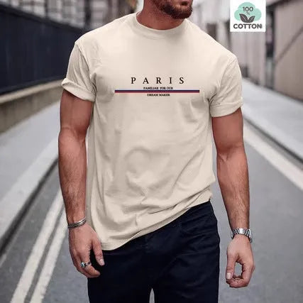 Men's heavy pure cotton short-sleeved loose t-shirt with printed letter design in apricot colour