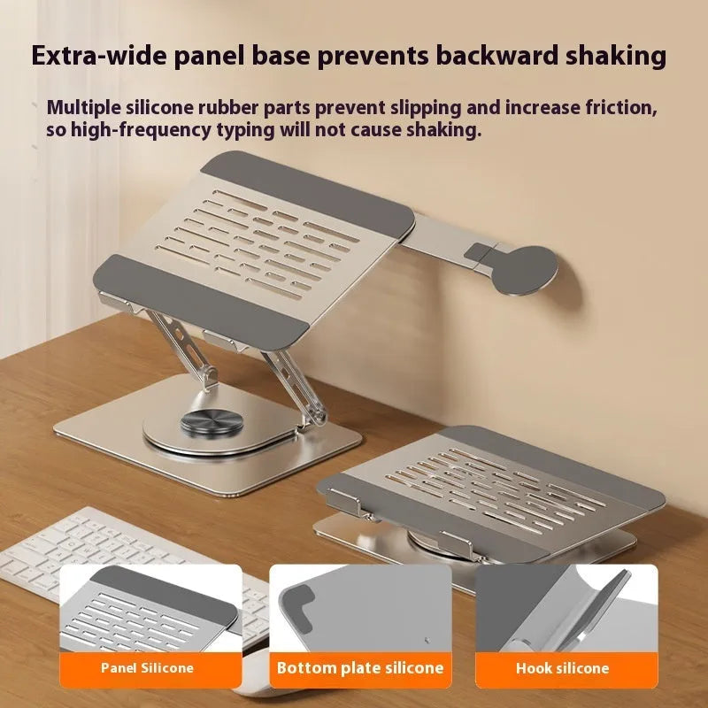 Silver carbon steel laptop stand with side-mounted magnetic phone holder rotated to show 360-degree movement