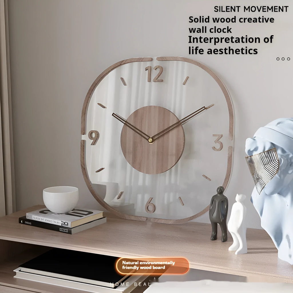 Transparent wooden wall clock with modern square design measuring 35cm