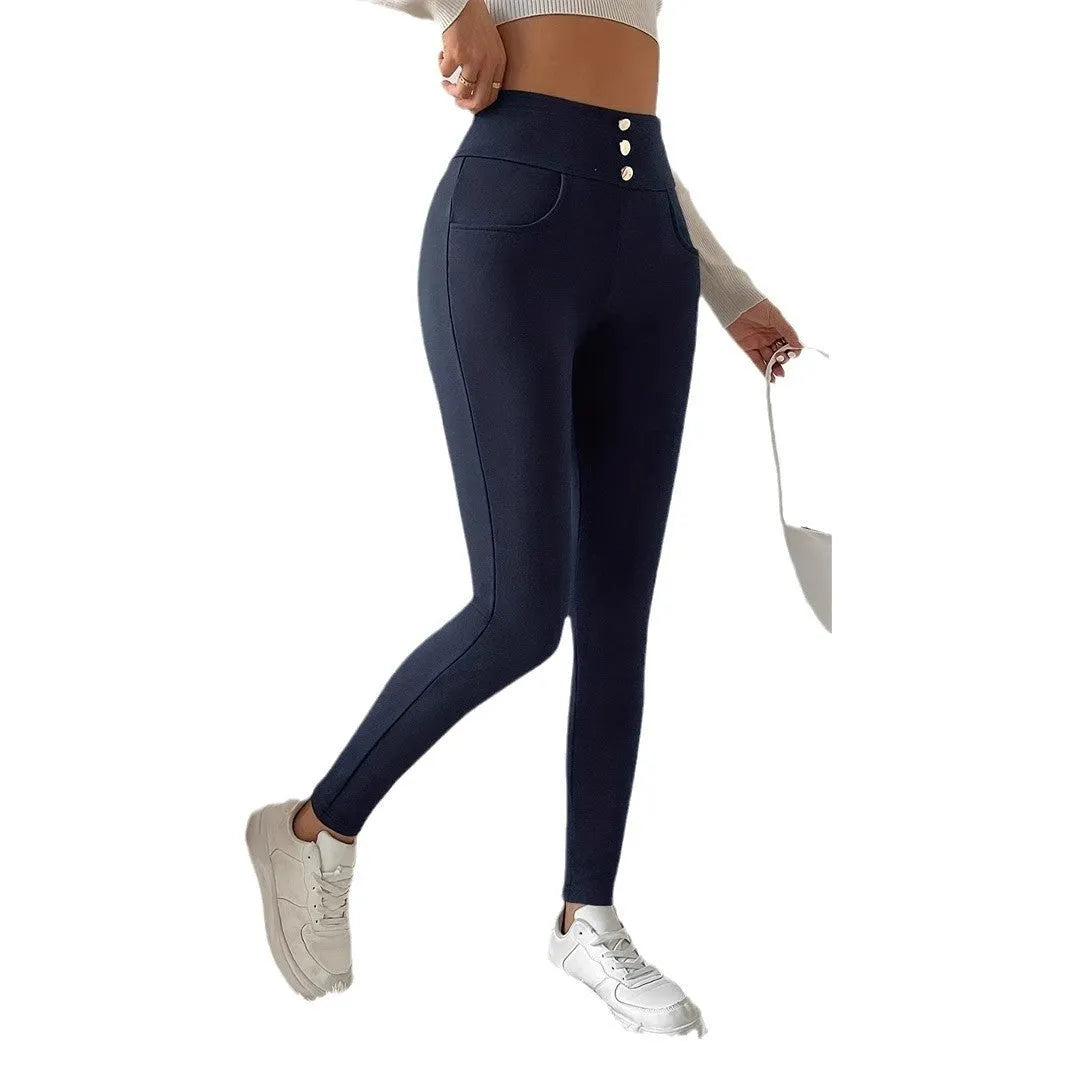Navy blue women's high-waisted straight leg trousers on a hanger, showing the front and side silhouette.