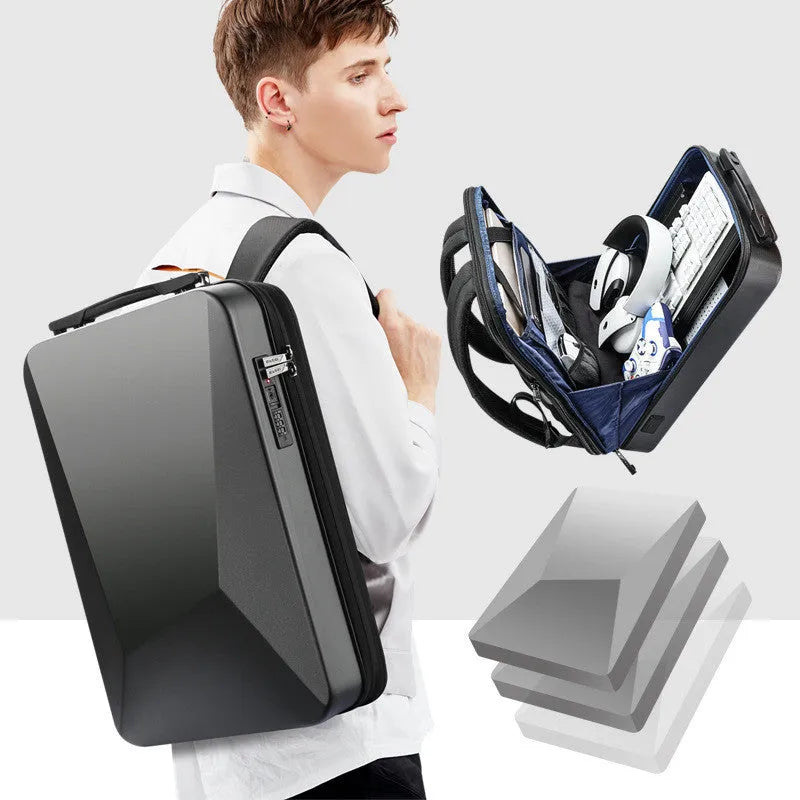 PC hard shell gaming backpack in black with anti-theft lock and structured internal pockets