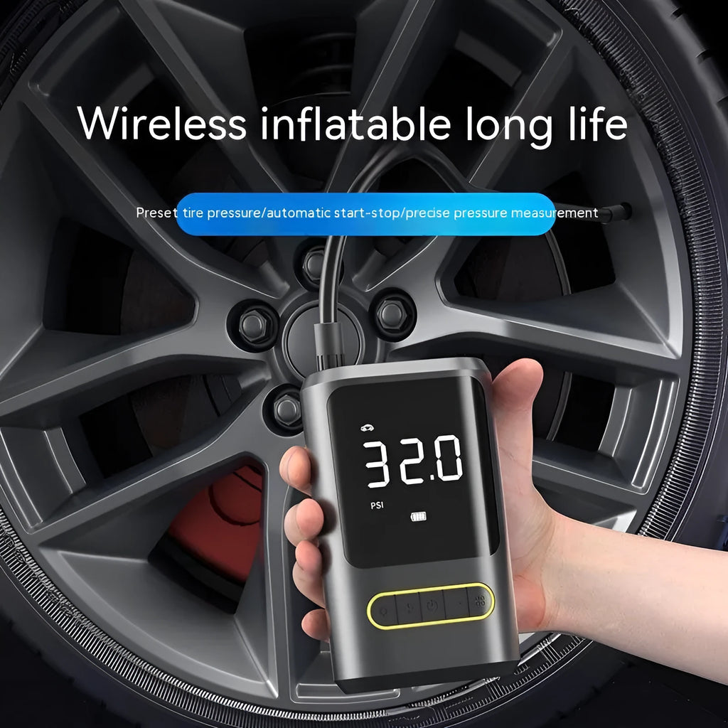 Handheld wireless digital display car tyre inflator pump with LED light and four air nozzles