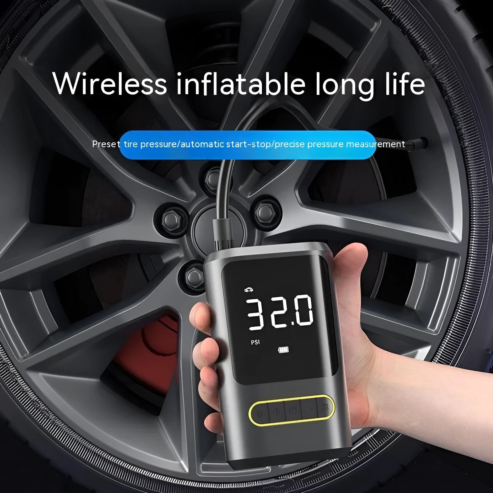 Handheld wireless digital display car tyre inflator pump with LED light and four air nozzles