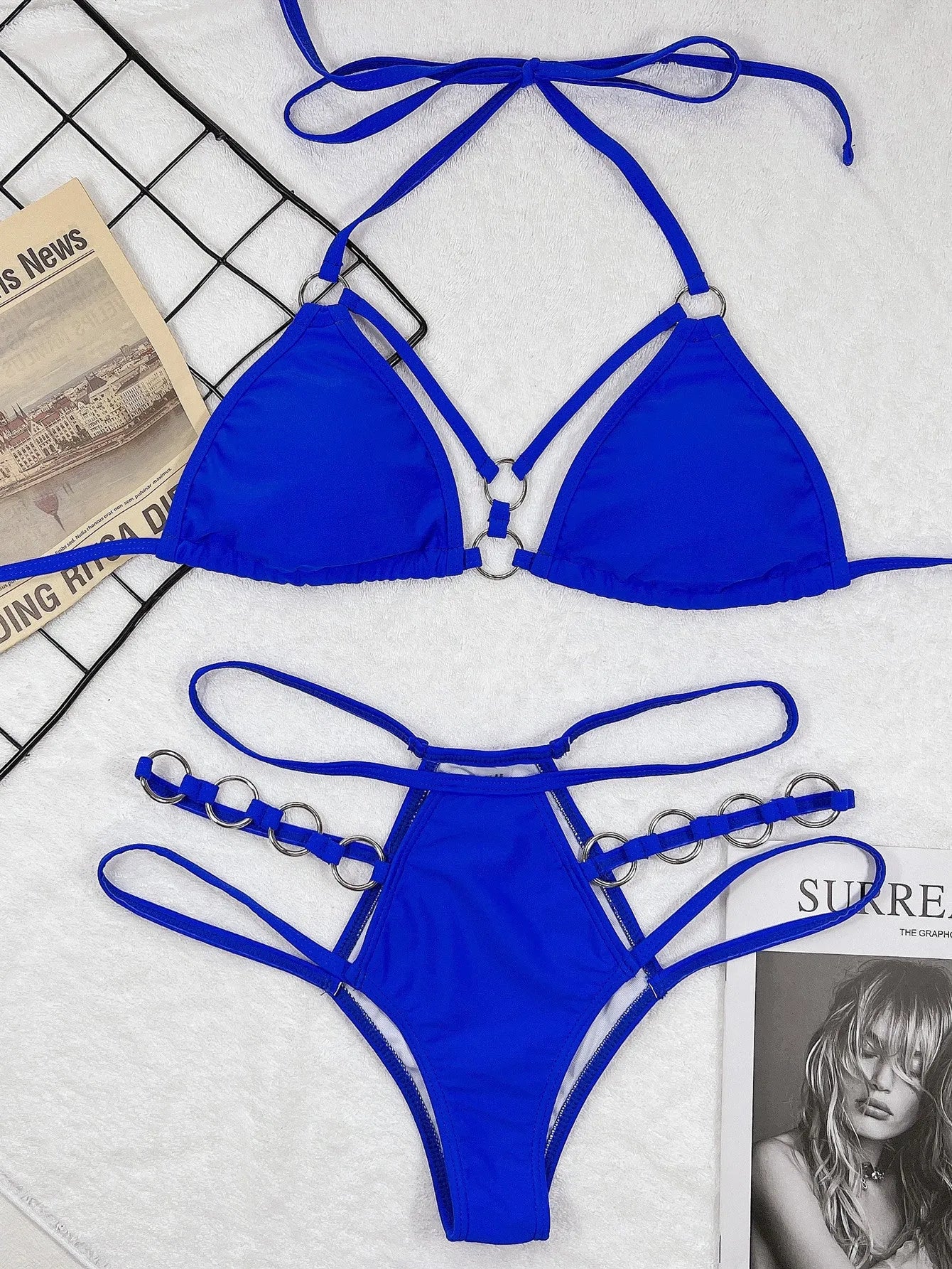 Women's pure colour nylon bikini set with shorts in red, black, brown, Rose Red, or sapphire blue.