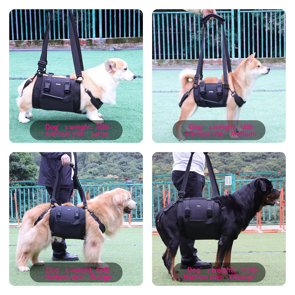Black Oxford cloth dog rehabilitation harness showing breast strap design on size chart.