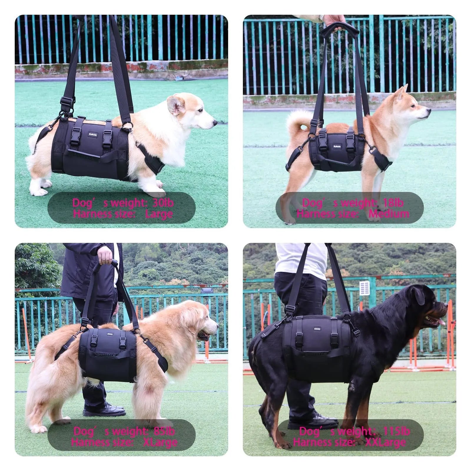 Black Oxford cloth dog rehabilitation harness showing breast strap design on size chart.