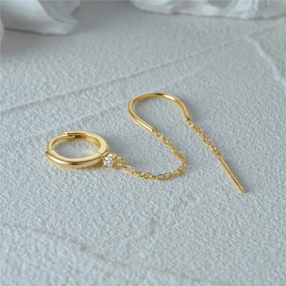 S925 sterling silver geometric flower tassel chain earring ear clip studs in golden colour