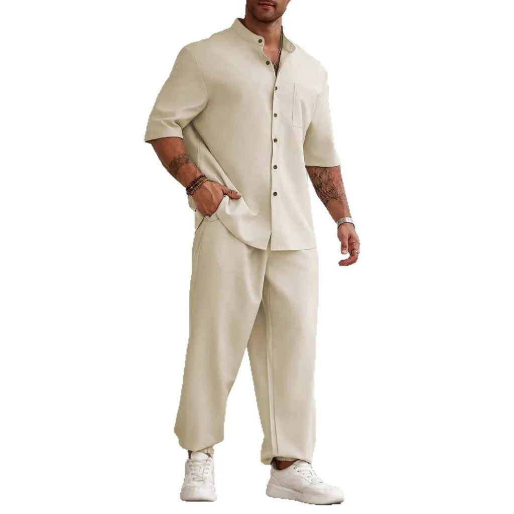 Men's casual cotton linen trousers set with short-sleeved shirt in apricot colour
