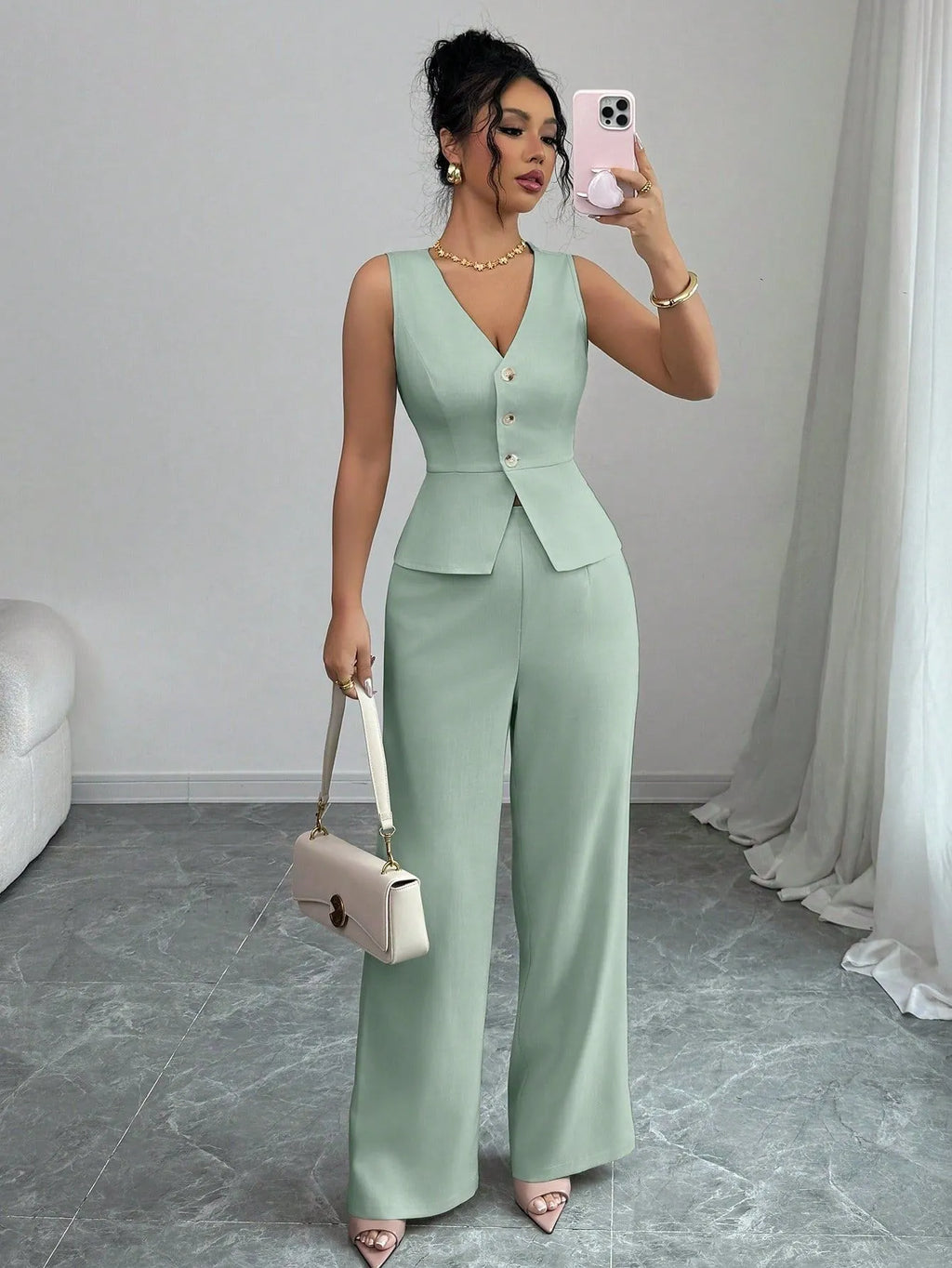 Women's solid colour sleeveless vest and high-waist trousers two-piece set in casual style