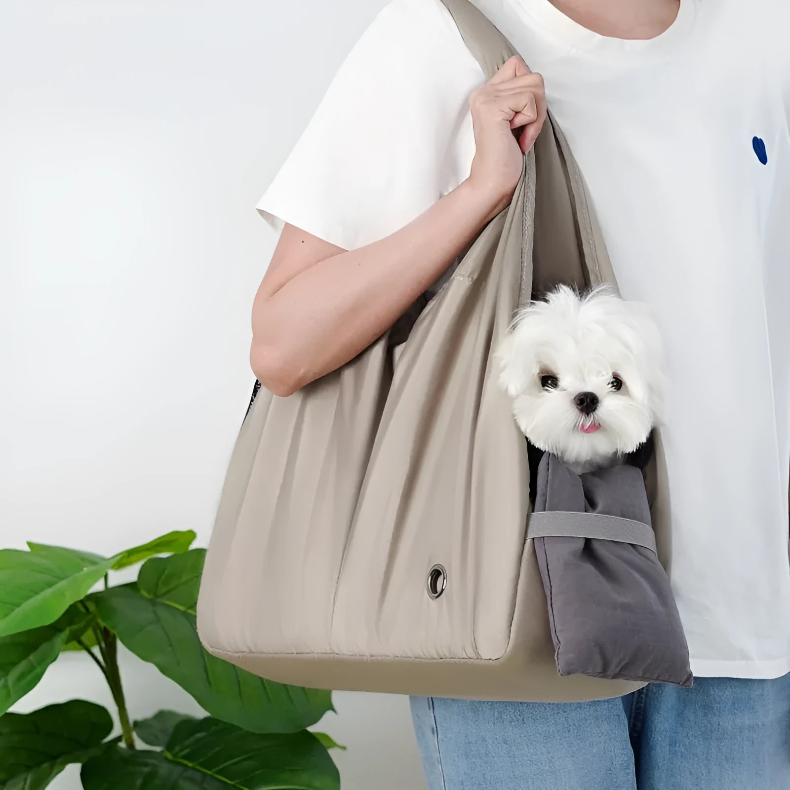 Apricot colour cloth pet carrier handbag with breathable mesh for a cat or small dog.