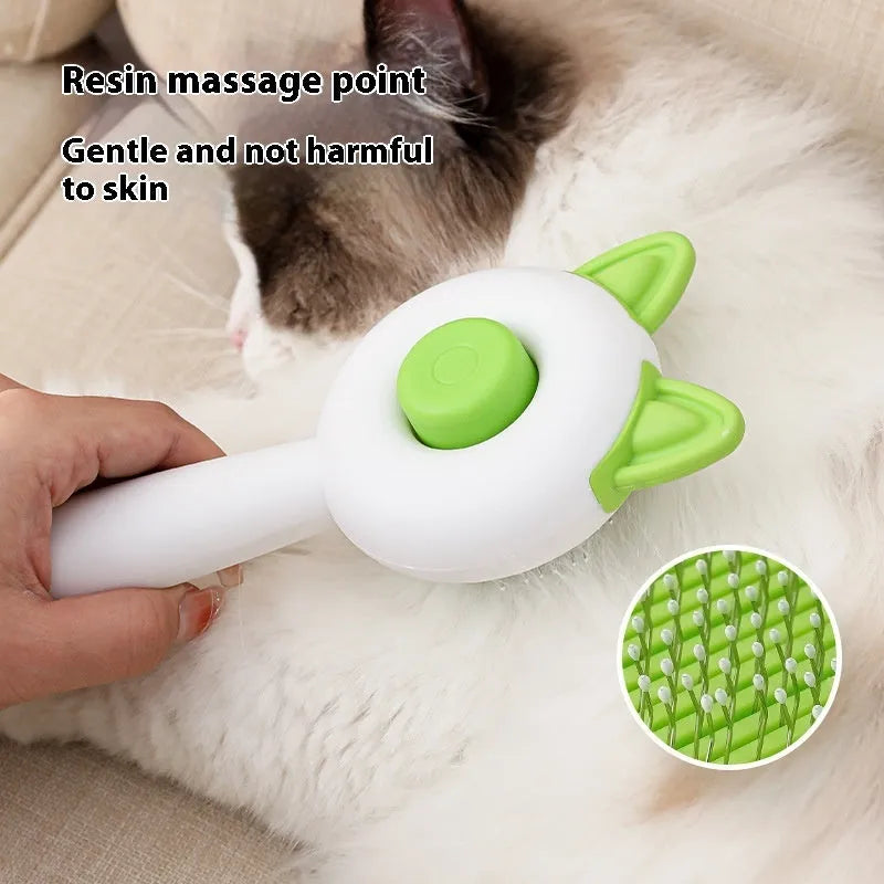 Self-cleaning cat dematting comb grooming tool in greenish white colour with stainless steel tines
