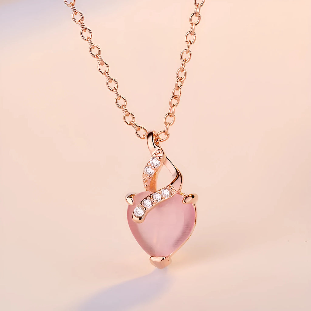 Rose gold heart-shaped crystal pendant necklace with cross chain for women