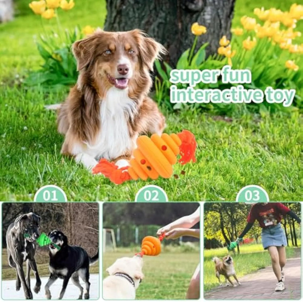 Green and yellow silicone dog ball with attached rope for tug-of-war and treat dispensing.