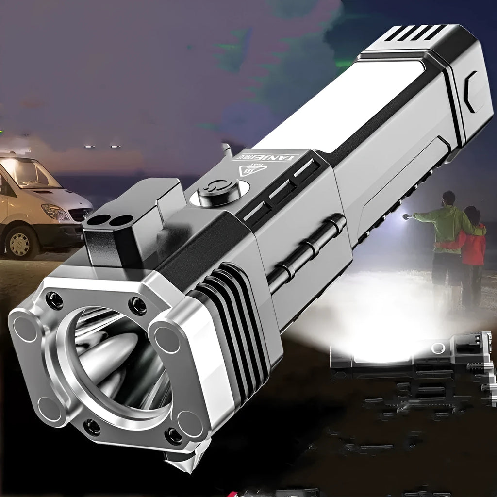 Silver portable LED power bank flashlight with plastic shell, shown as an emergency and camping light.