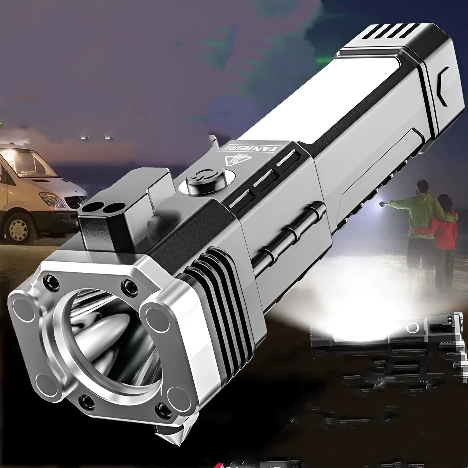 Silver portable LED power bank flashlight with plastic shell, shown as an emergency and camping light.