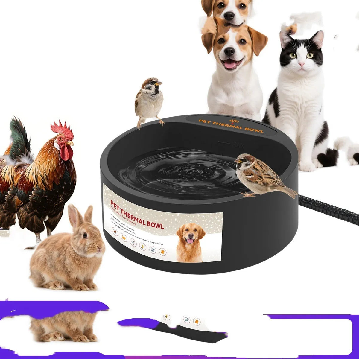 Black ABS plastic pet heating bowl with 2.2 litre capacity and electrical cord