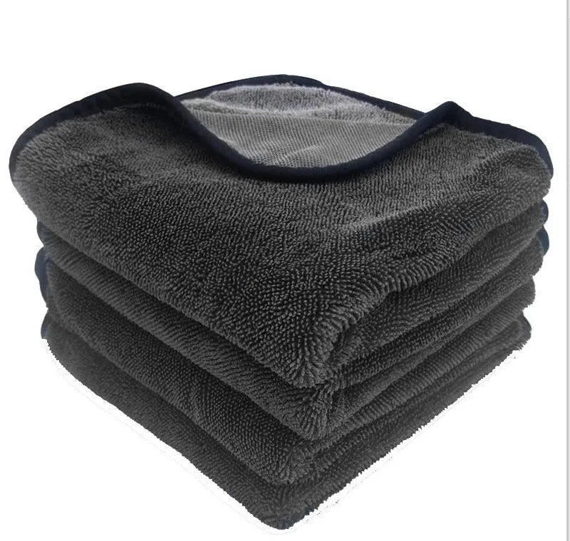 Grey automobile cleaning cloth with spiral hair surface and hemmed edges in multiple size options