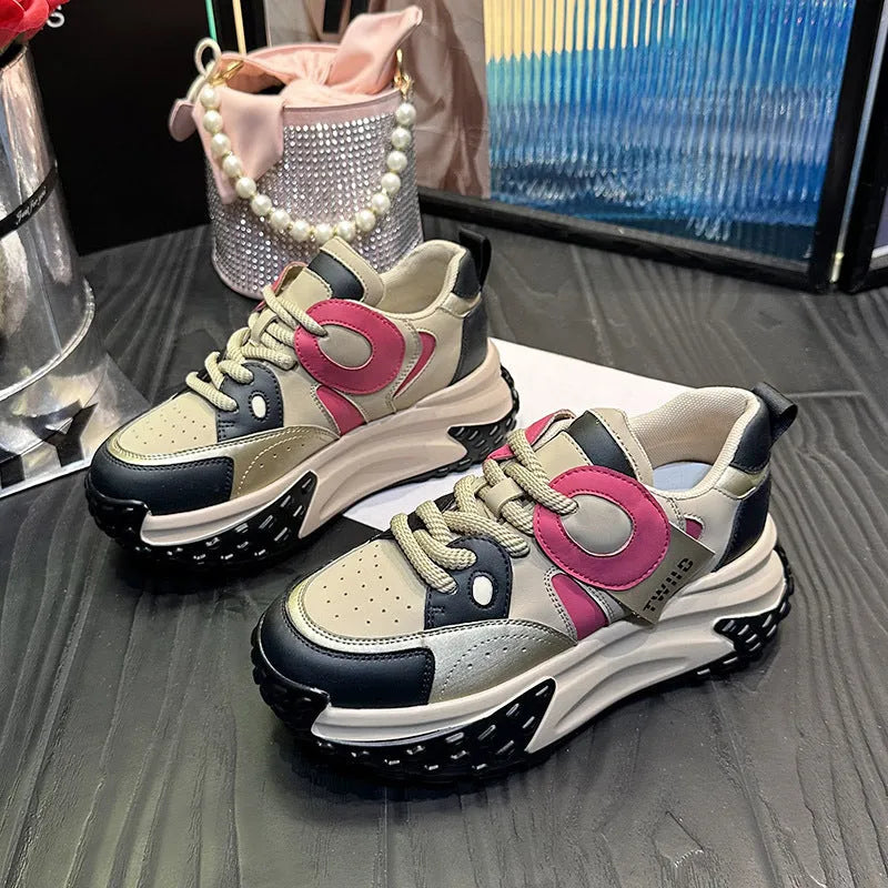 Women's silver leather casual shoes with thick wedge soles and lace-up front.