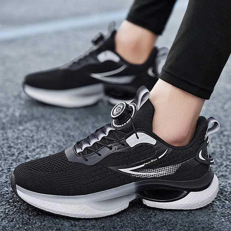 Men's white Korean-style running shoes with a rotating buckle closure and mesh upper.