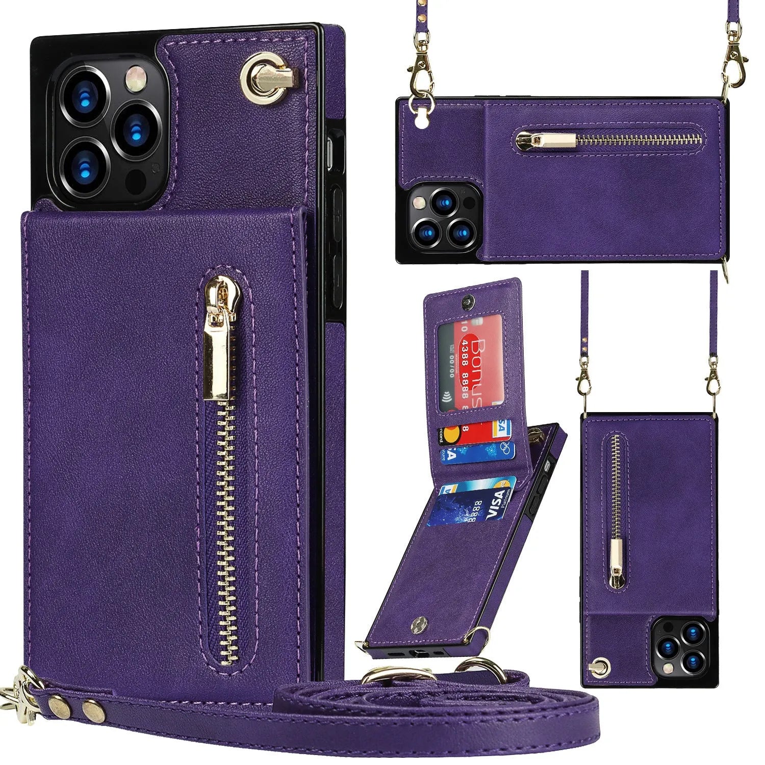 Black leather and TPU protective case fitted on a smartphone, showing precise cutouts for camera and ports.