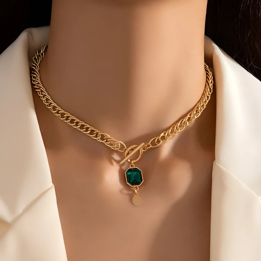 Gold electroplated French retro emerald zircon pendant necklace with titanium steel Cuban link chain
