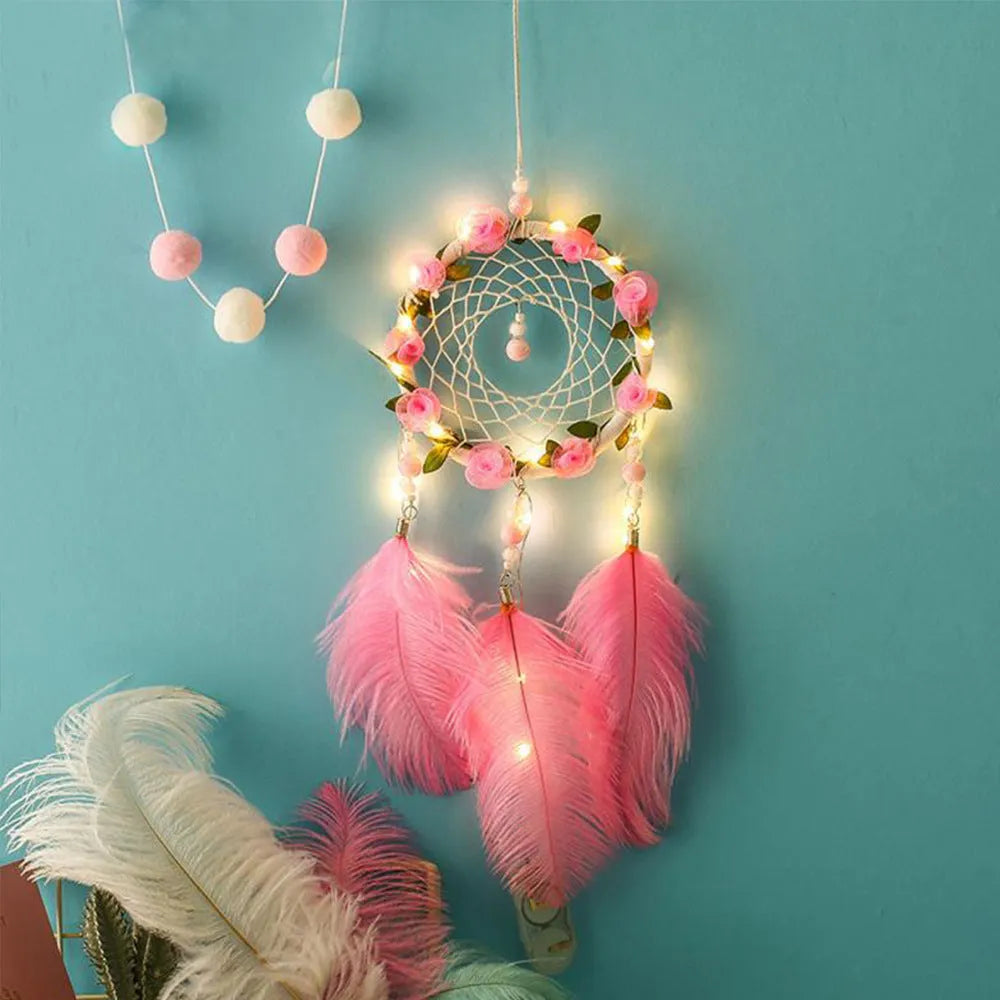 Pink ostrich feather dreamcatcher wind chime wall ornament 10cm