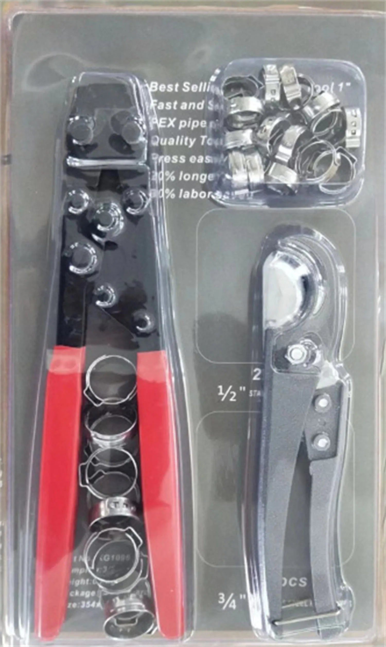 Red cloth finished single ear PEX clamp set with metal construction and carbon steel cutting edge