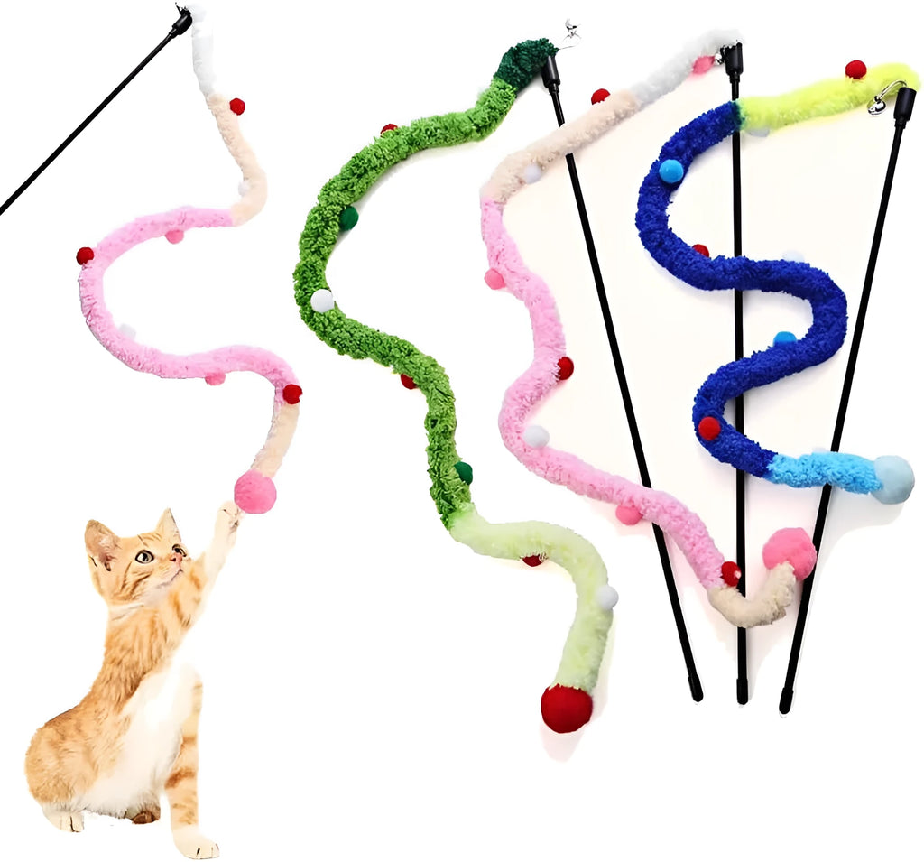 Blue cat wand toy with long plush strip and colourful fluffy ball with bell