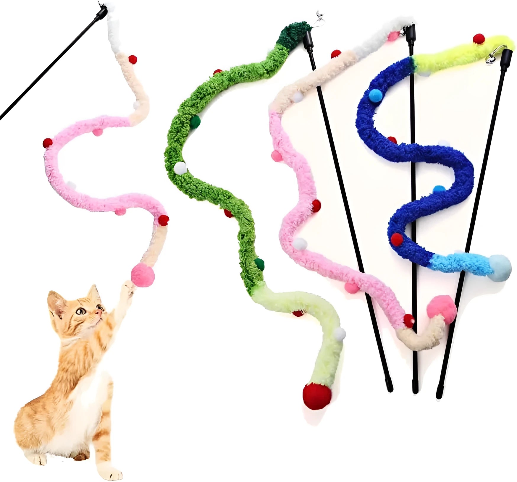 Blue cat wand toy with long plush strip and colourful fluffy ball with bell