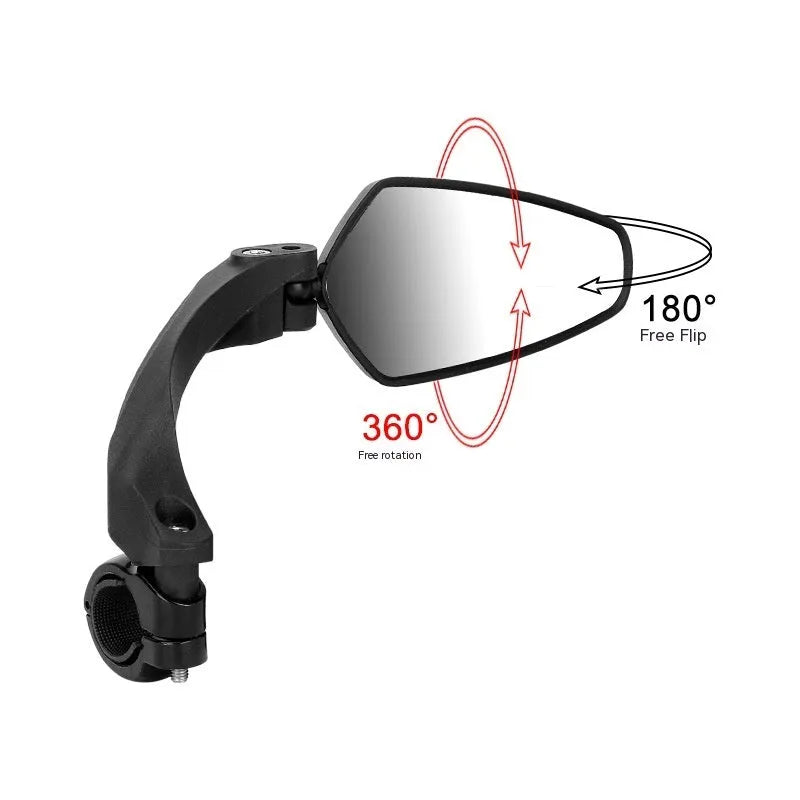 Black rotatable rearview mirror for mountain bike handlebars made from PMMA acrylic.