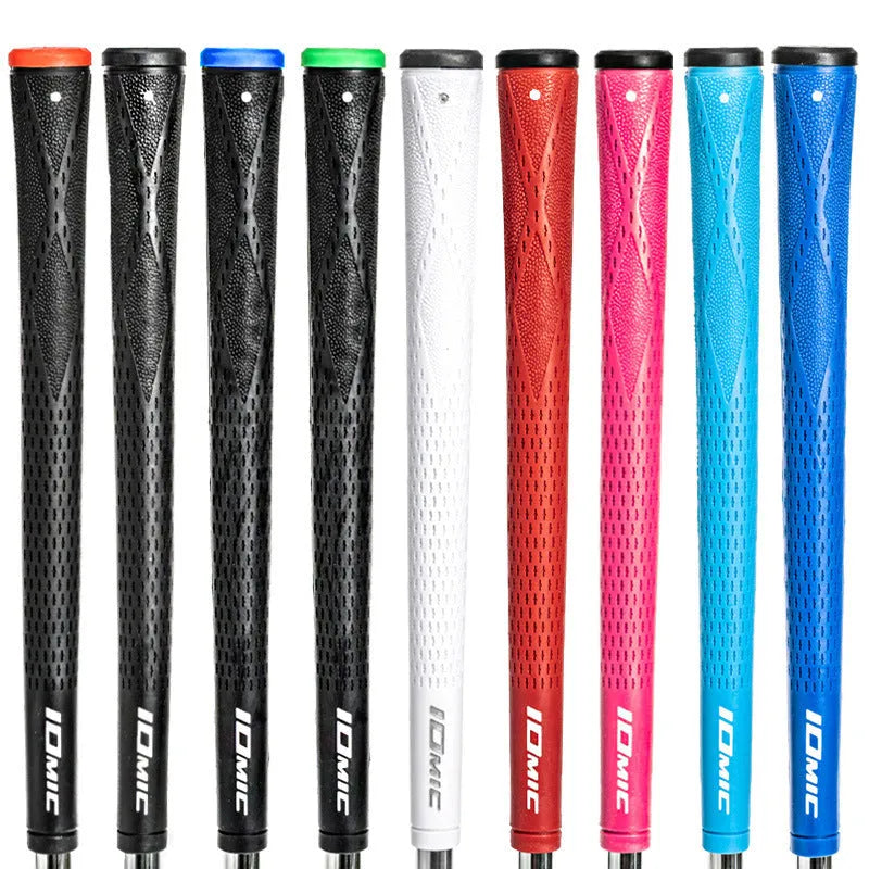 TPE material golf club grip shown in pink, red, dark blue, light blue, white, and black with coloured head options.