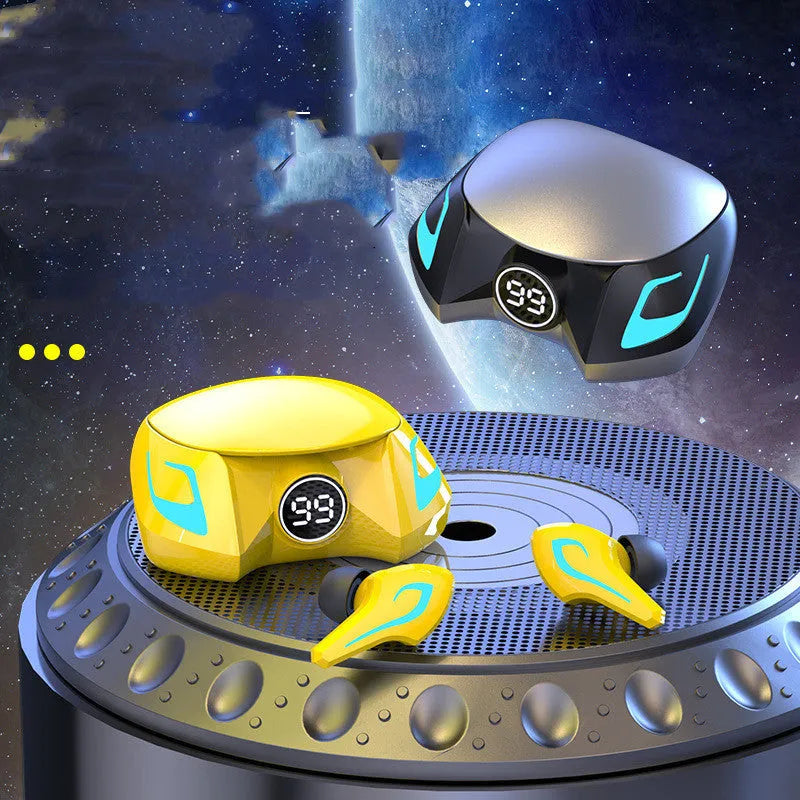 Wireless Bluetooth gaming headset with earplug-style design in black, dark grey, and yellow colour options