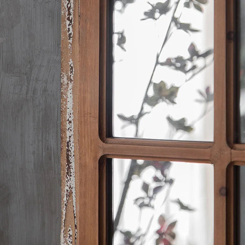 Terrace Distressed Fake Window Wall Mirror in log colour with wooden glass panel