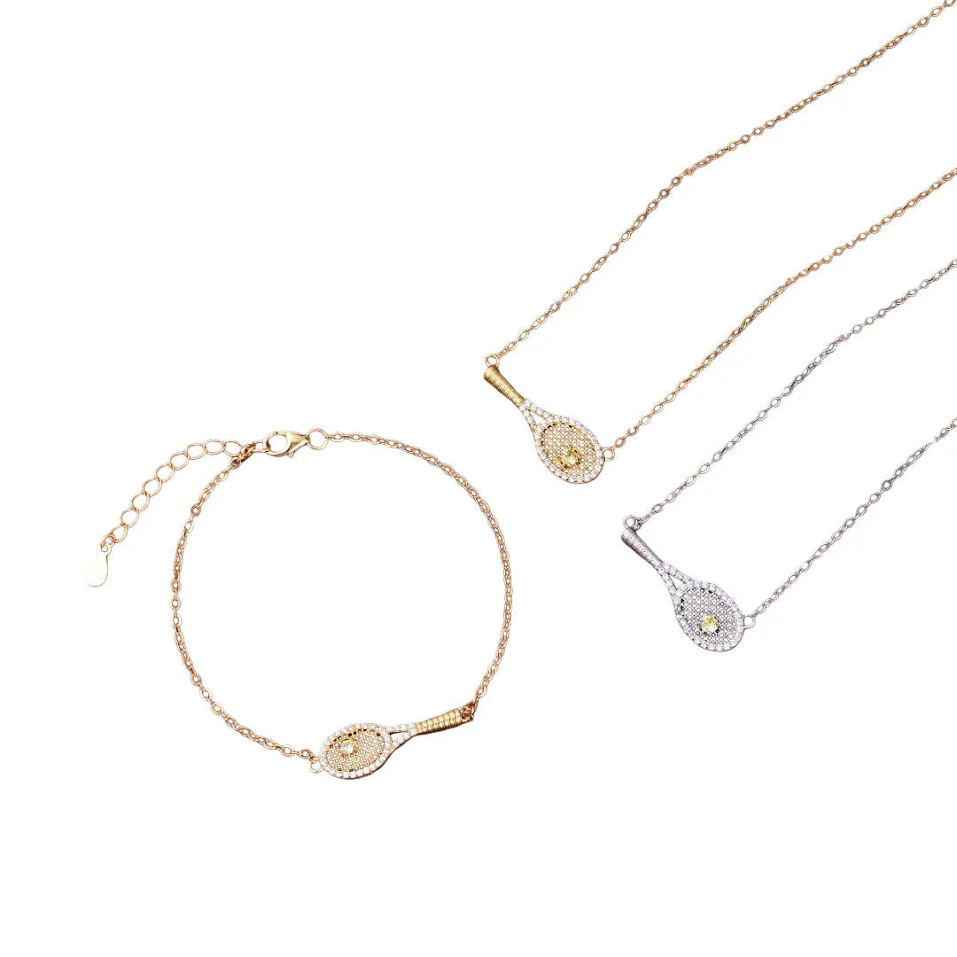 S925 silver grid tennis racket pendant necklace set with yellow diamond accent for women