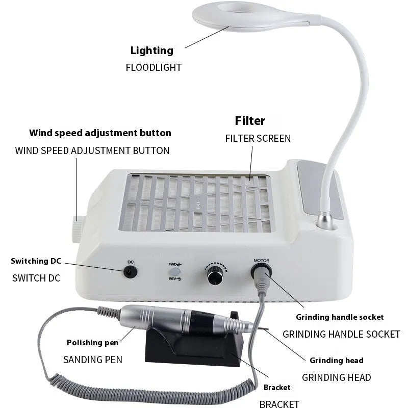 White four-in-one nail polishing machine with vacuum cleaner function and power cord