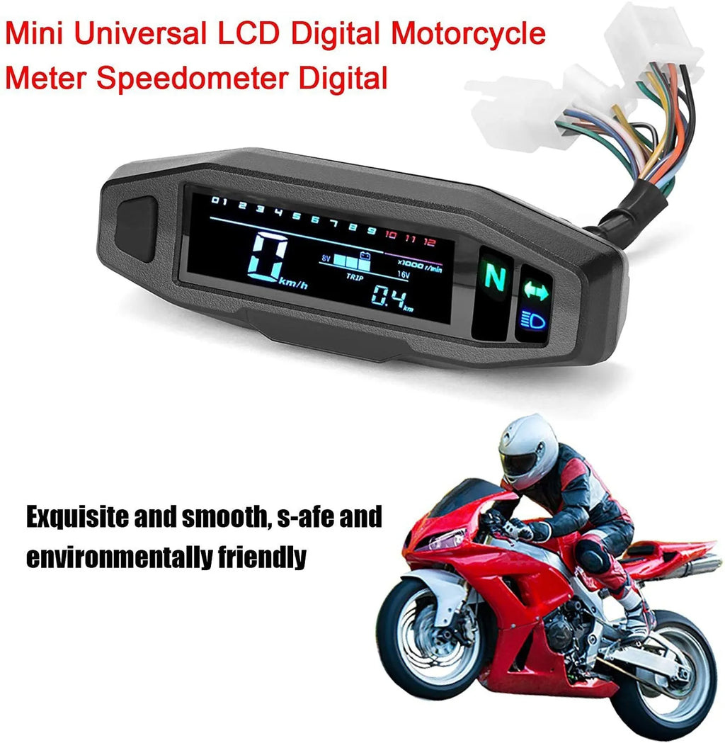 Black motorcycle mini speedometer with LCD display showing oil gauge and instrument readings