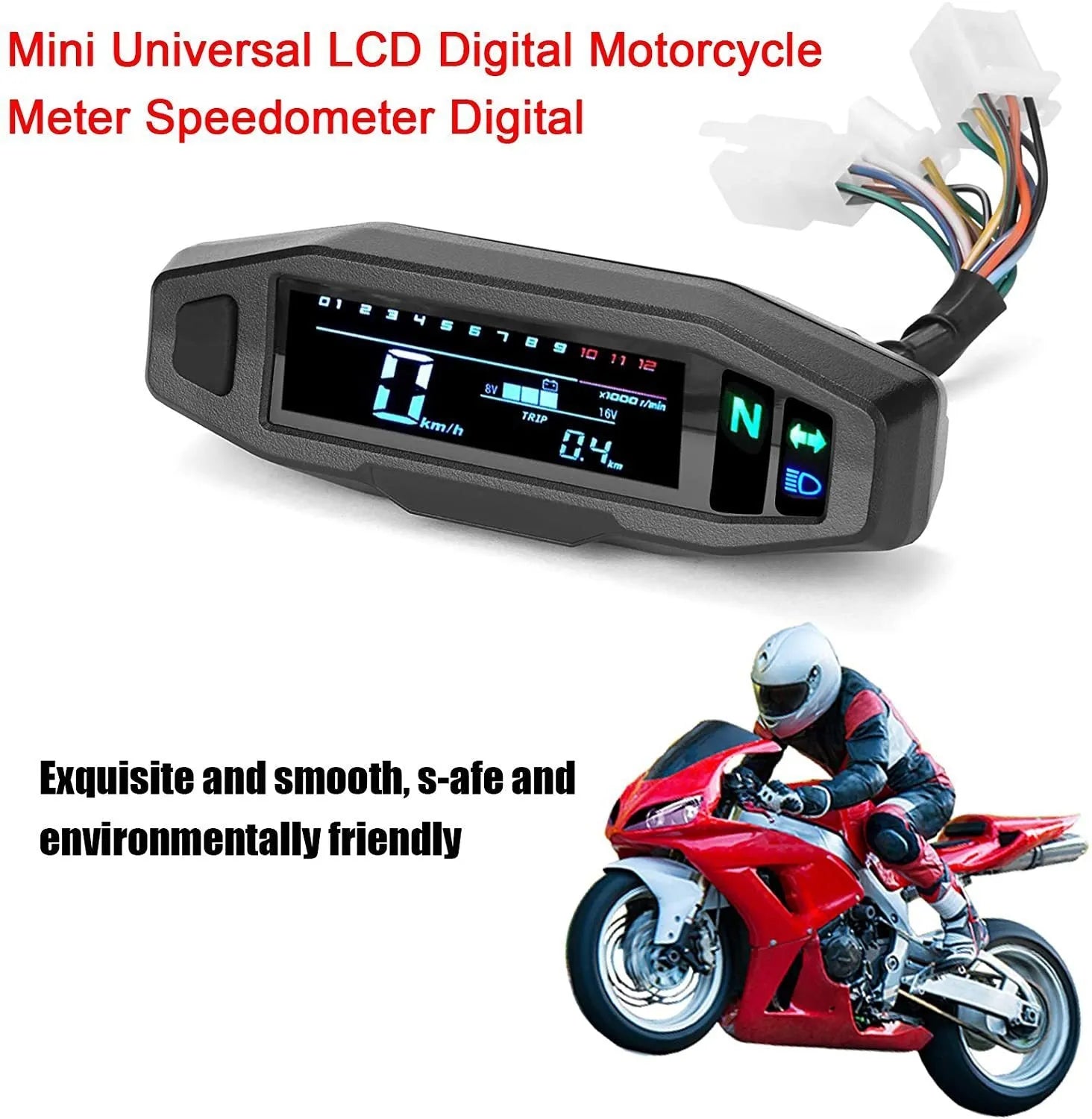 Black motorcycle mini speedometer with LCD display showing oil gauge and instrument readings