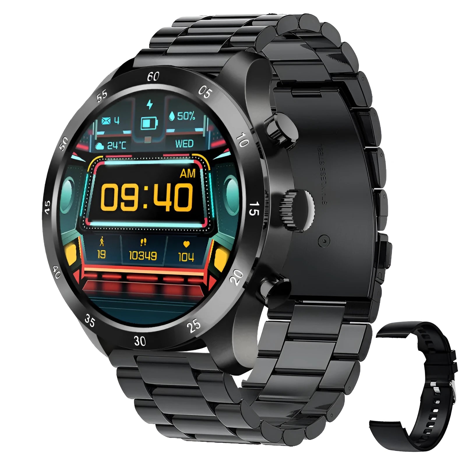 Black Bluetooth smart watch with steel strap on wrist, showing call and health tracking display