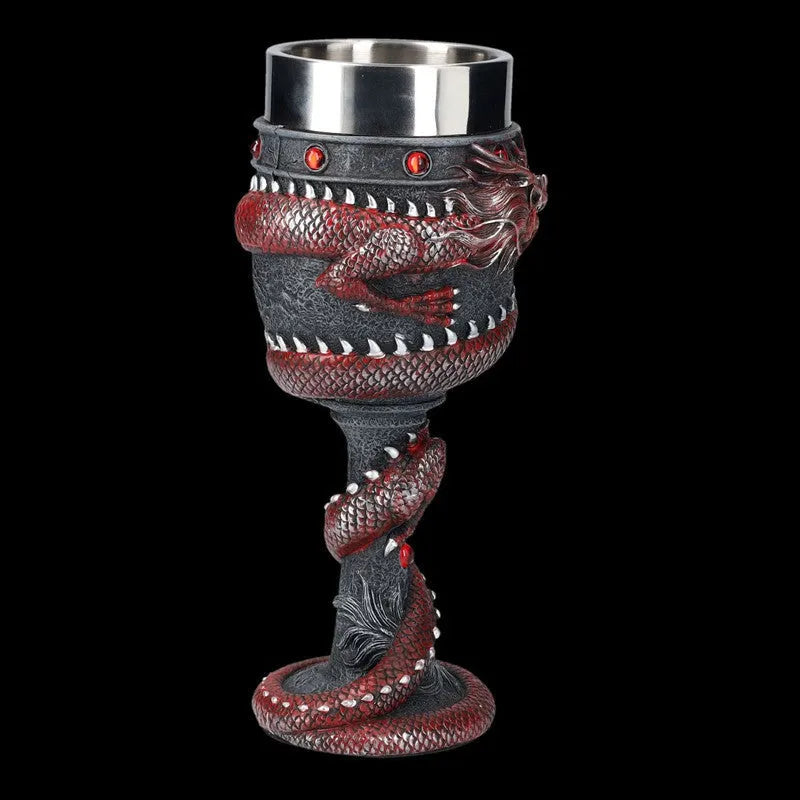 Red wine glass with Chinese dragon 3D design in stainless steel and resin, 200ml capacity